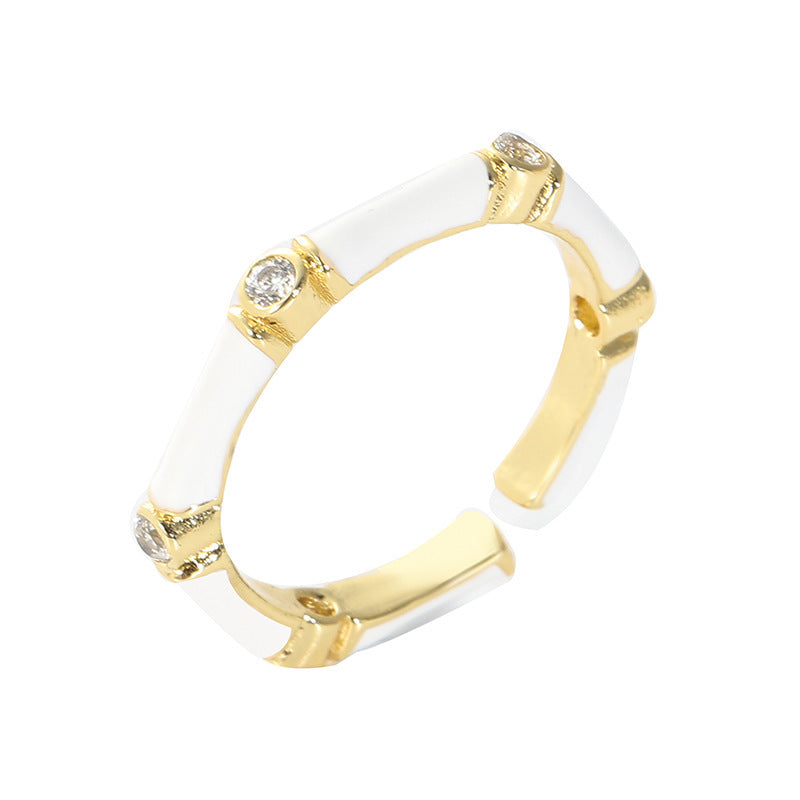 Womens Ring Zircon Set Drip Oil Copper Bamboo Design Adjustable Fashion Accessory Durable Statement Piece Size