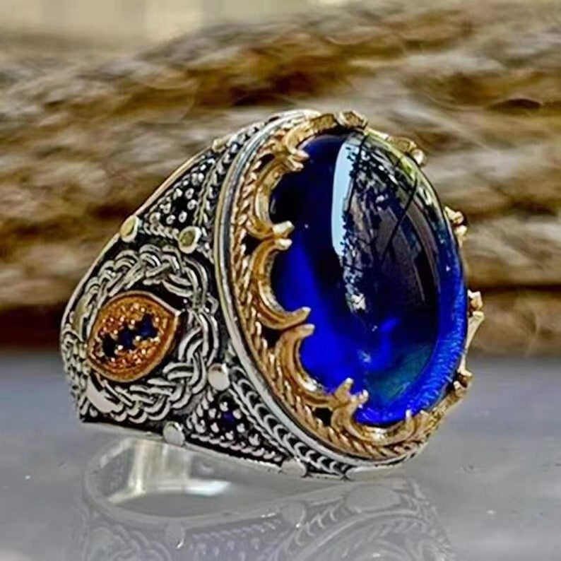Artisan Carved Alloy Ring With Blue Gem Diamond Accent Exquisite Craftsmanship For Everyday Elegance For Daily