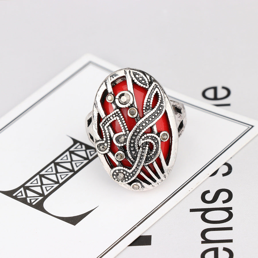 Unisex Music Symbol Ring Retro Hollow Carved Alloy Inlay Gemstone Wave Ring European American Birthday Gift Idea