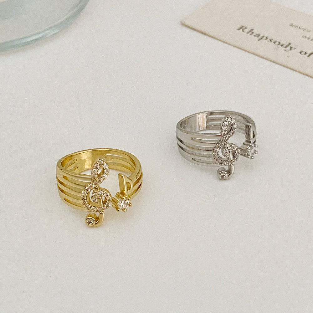 Music Note Ring Copper Band With Micro Zircon Fashion Jewelry Gift For Music Lovers Elegant Silver Tone Finish