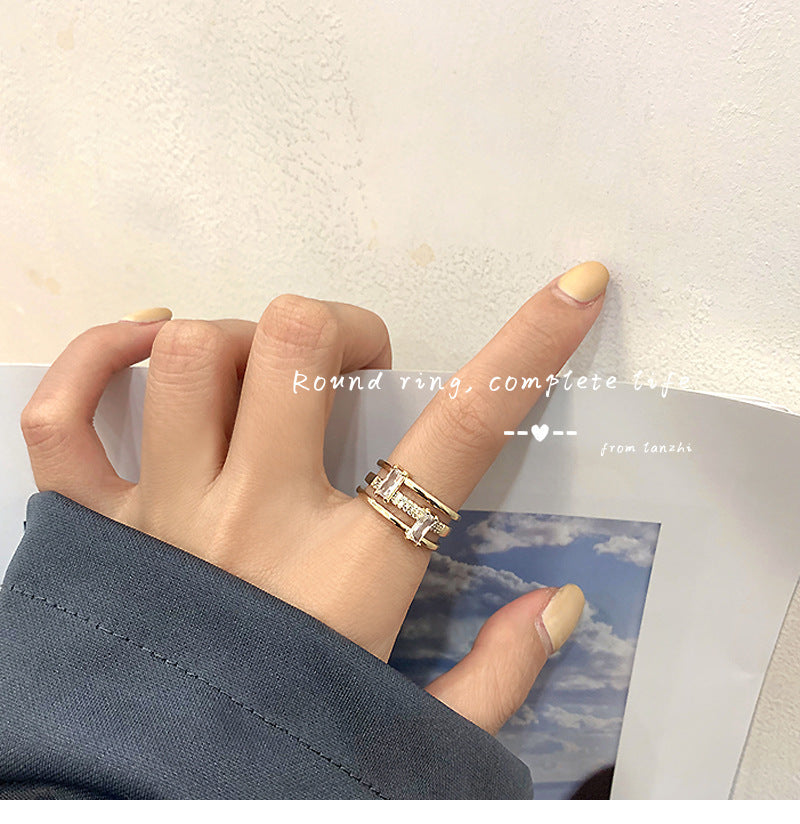 Triple Layer Gold Plated Brass Zircon Rings With Inlaid Geometric Design Korean Fashion Gift For Women For Her