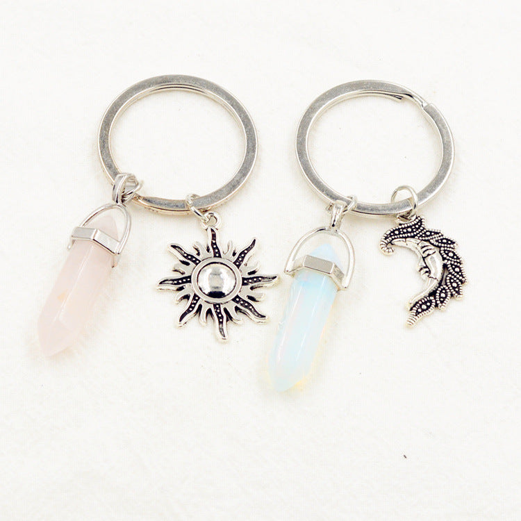 Unisex Alloy Heart Moon Sun Hexagonal Prism Natural Stone Celestial Keychain Pendant Accessory Jewelry Gift Lovers