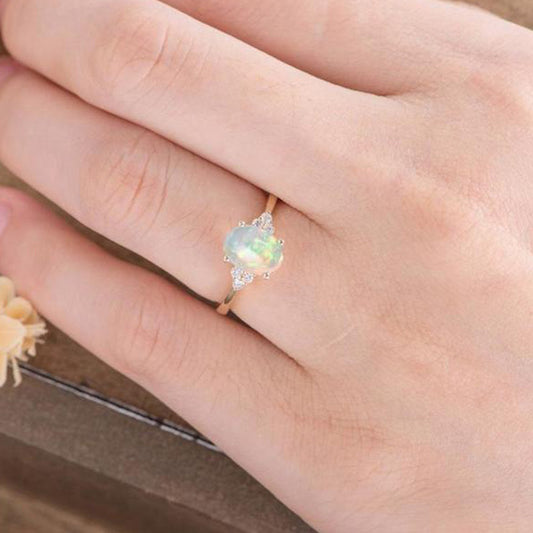 Womens Geometric Ring With Opal Stone Electroplated Gold Alloy Jewelry Engagement Ring For Her Elegant Fashion