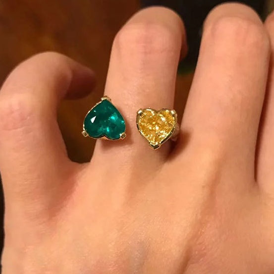 Womens Adjustable Diamond Emerald Heart Ring Gold Plated Brass Elegant Fashion Jewelry Durable Versatile Gifts