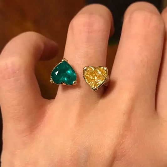 Womens Adjustable Diamond Emerald Heart Ring Gold Plated Brass Elegant Fashion Jewelry Durable Versatile Gifts