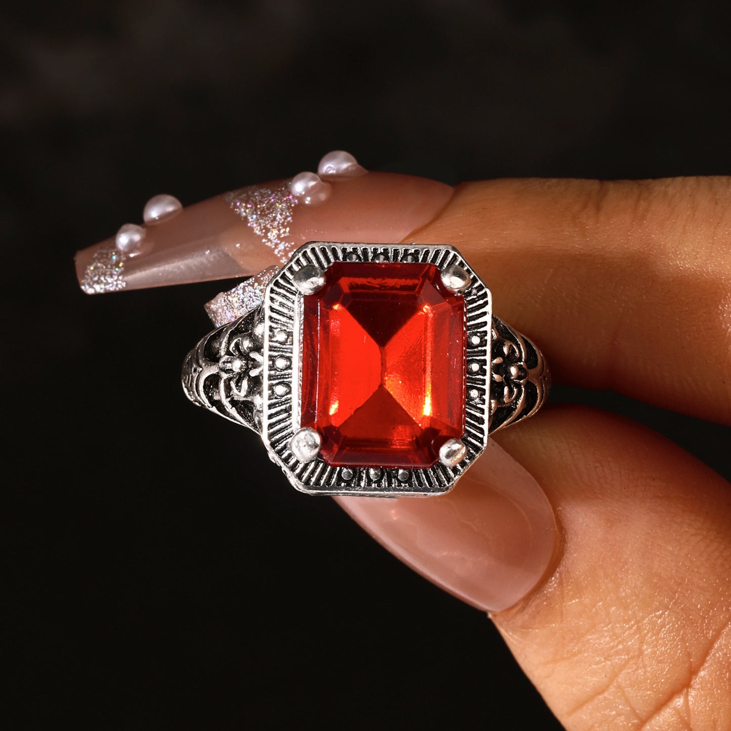 Red Minimalist Hollow Square Ring With Glass Inlay Geometric Jewelry Anniversary Gift For Women Everyday Style
