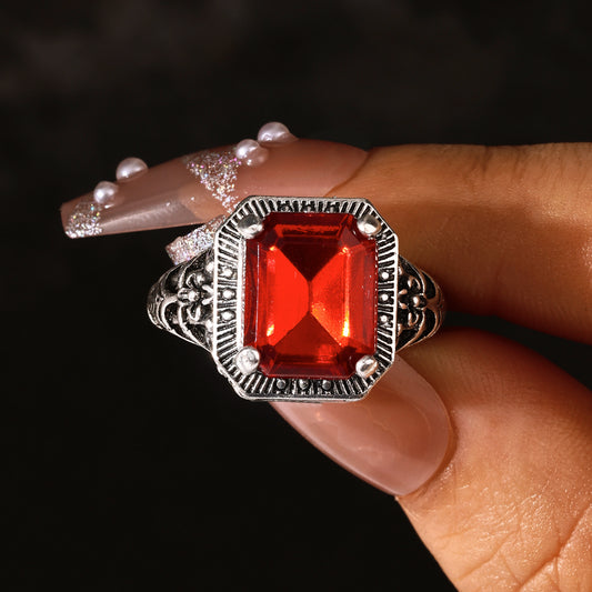 Red Minimalist Hollow Square Ring With Glass Inlay Geometric Jewelry Anniversary Gift For Women Everyday Style
