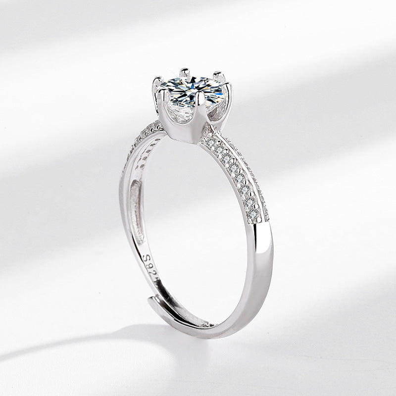 Sterling Silver Ring Double Row Six Claws Zircon Adjustable Opening Geometric Design Ring For Women 925 Silver