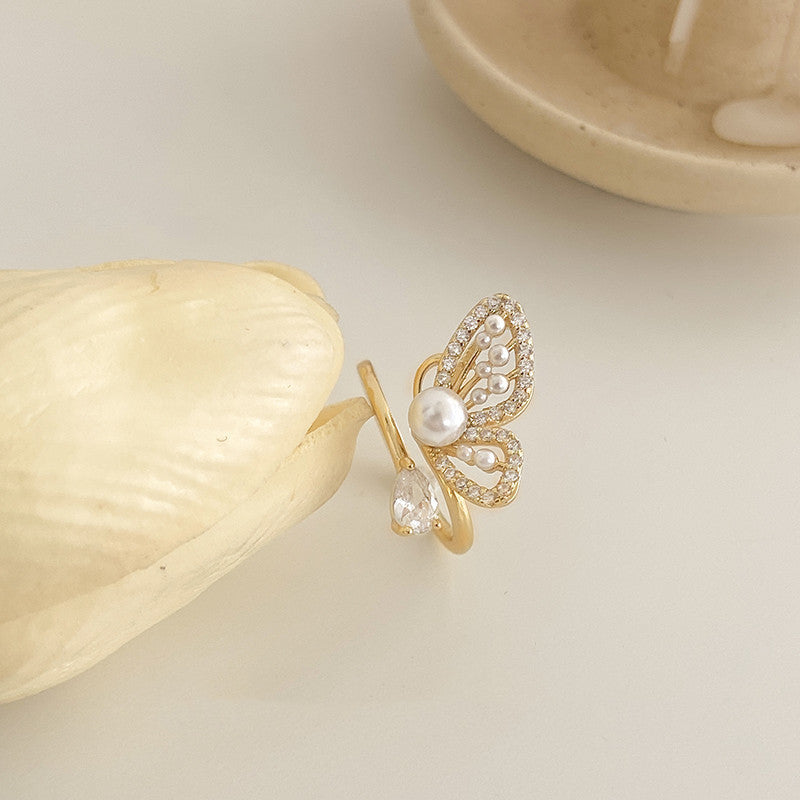 Women Adjustable Ring Zircon Pearl Butterfly Jewelry