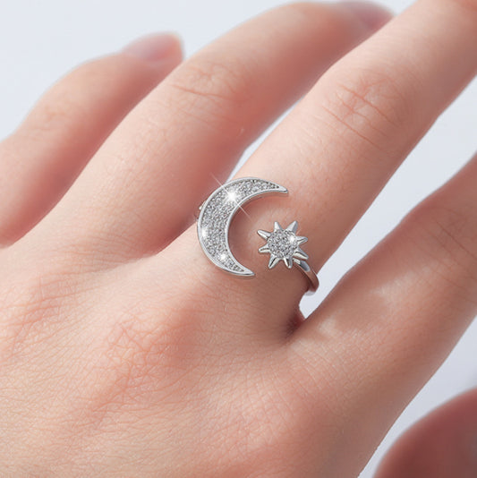 Womens Adjustable Ring Star Moon Design Copper Zircon Inlaid Fashion Jewelry Elegant Versatile Accessory Sleek