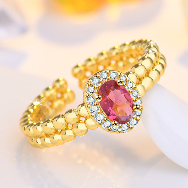 Adjustable Copper Ring With Inlaid Red Stone Geometric Design