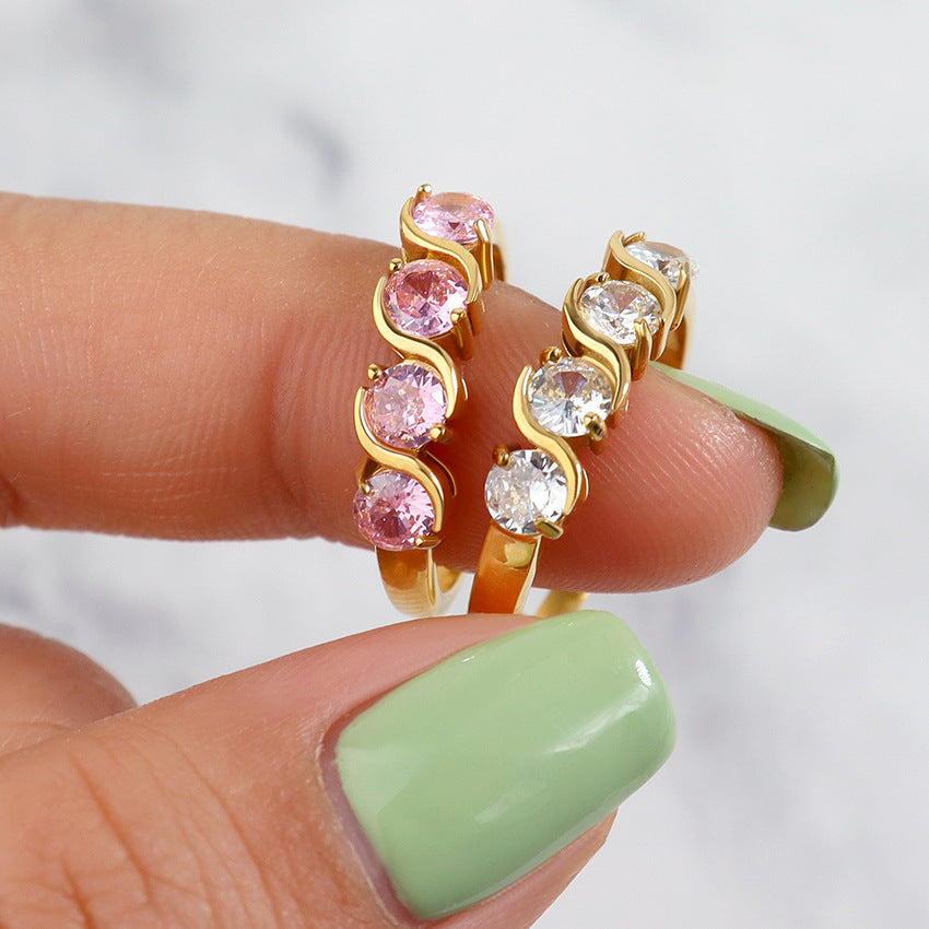 StainlessSteel Ring Unisex Pink Diamond And White Diamond Geometric Zircon Single Row Band Fashion Jewelry Set