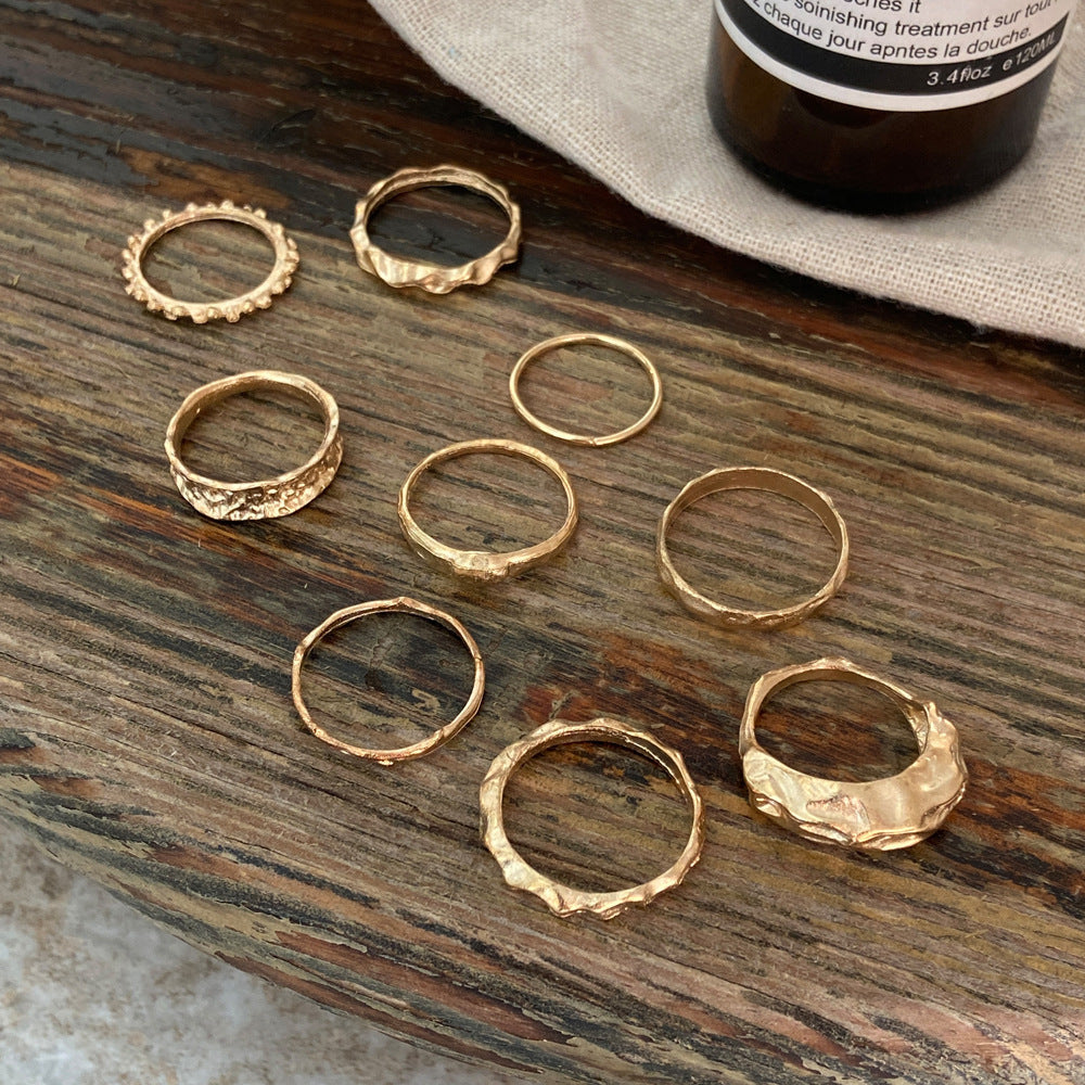 Unisex Geometric Rings Set 9 Piece Punk Metal Irregular Alloy Electroplated Statement Rings Retro Travel Unique