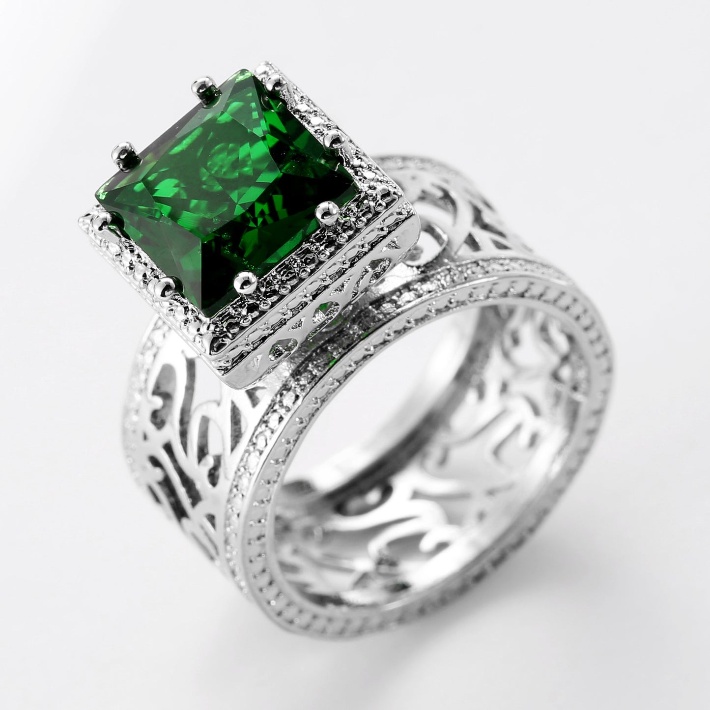 Emerald Green Square Cut Zircon Ring Copper Band Geometric Jewelry For Women Classic Sparkle Everyday Wear Set