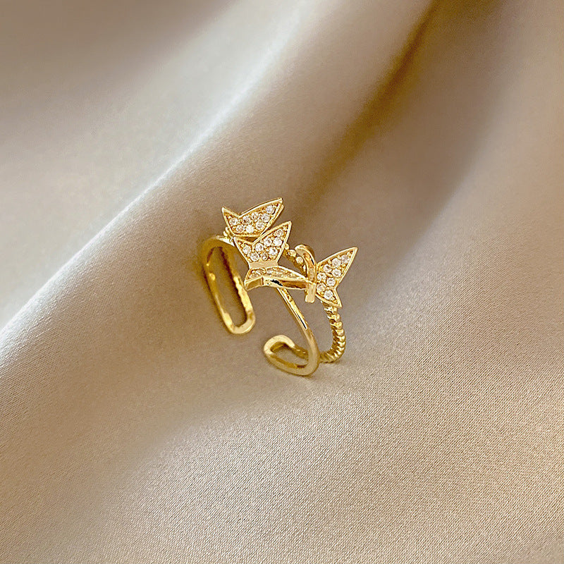 Womens Copper Bowknot Zircon Inlaid Ring Butterfly Design Double Insulated Fashion Jewelry Gift For Her Zircon