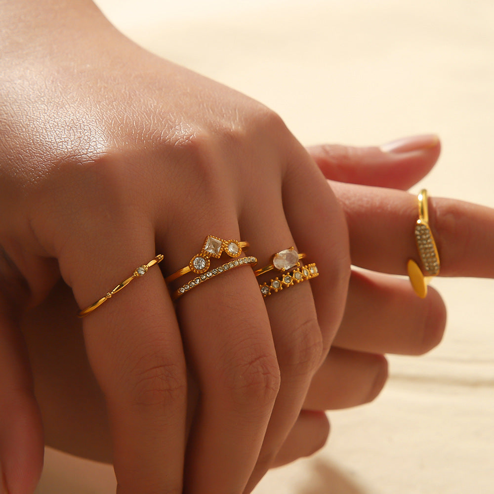 Retro Design Geometric Inlaid Zircon Stainless Steel Ring Open Mouth Split Ring Female Affordable Luxury Style