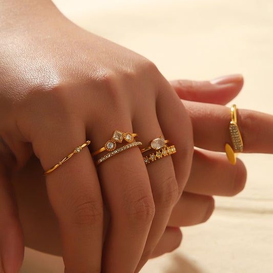 Retro Design Geometric Inlaid Zircon Stainless Steel Ring Open Mouth Split Ring Female Affordable Luxury Style