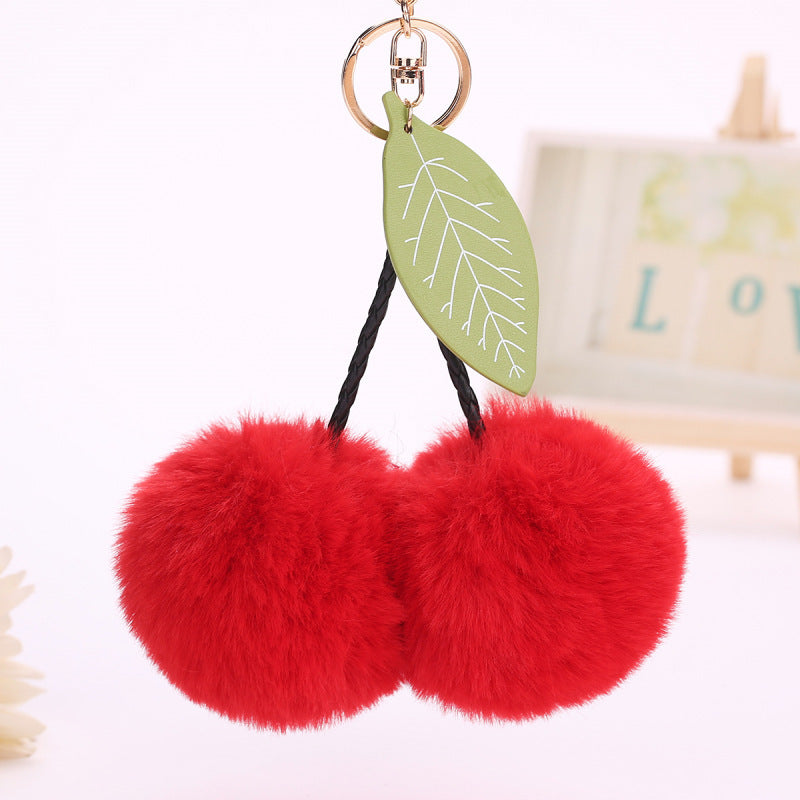 Womens Plush Cherry Keychain Cute Fruit Hair Ball Pendant Fluffy Pom Pom Handbag Charm Fashion Accessory Girls