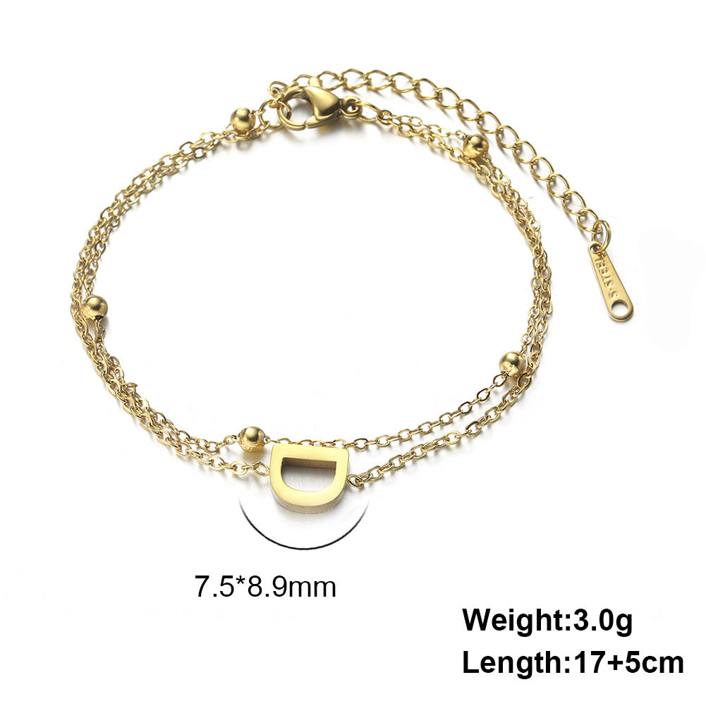 Womens Stainless Steel Double Layer Chain Bracelet With Initial Pendant Electroplated Finish Jewelry Gift Gold