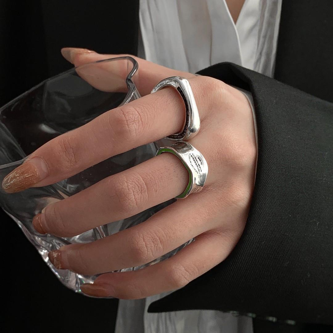 Womens Avocado Green Letter Wave Ring Platinum Plated Copper Adjustable Fashion Jewelry Elegant Statement Look