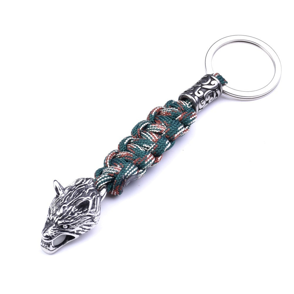 Paracord Key Ring With Wolf Head Beads Stainless Steel Keychain Length 15cm Durable Rope Craft For Outdoor Use