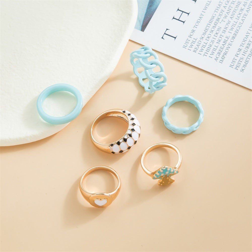 New Resin Hollow Ring Set 6 Piece Geometric Candy Color Drip Oil Finish For Women Fashion Jewelry For Daily Wear