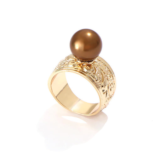 Womens Colorful Pearl Index Finger Ring Gold Plated Geometric Inlaid Gemstone Fashion Jewelry Gift Fashionable