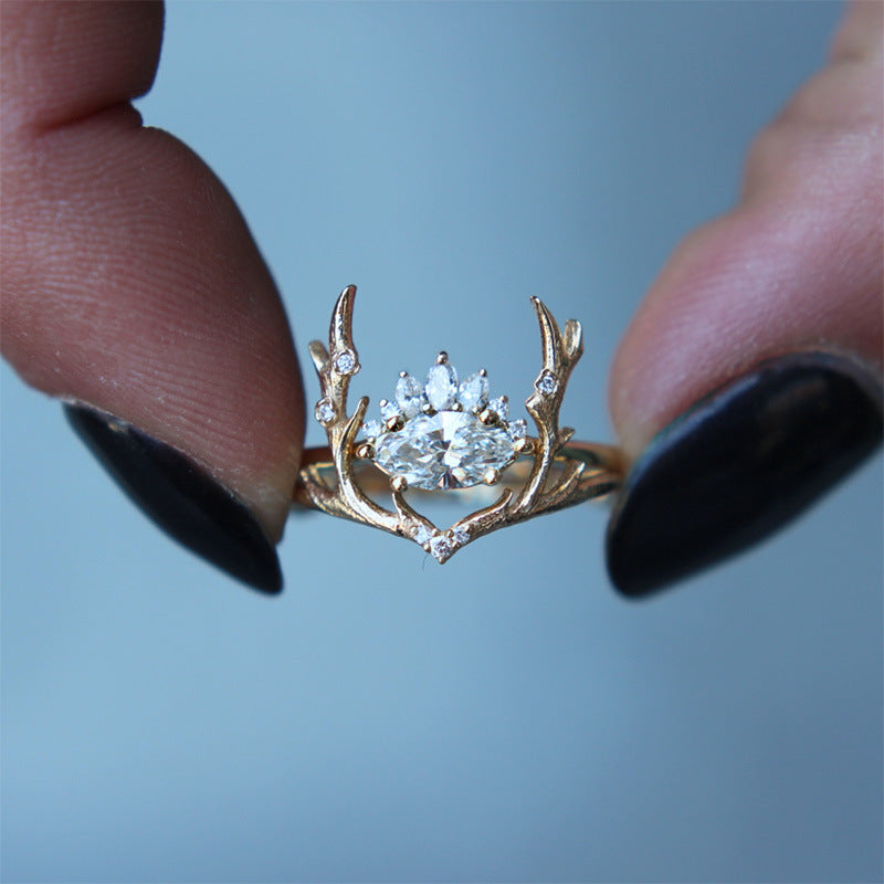 Elk Antler Ring Animal Design With Zircon Inlay Gold Plated Rose Gold Copper Ring For Women Size 6 7 8 9 10 No