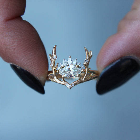Elk Antler Ring Animal Design With Zircon Inlay Gold Plated Rose Gold Copper Ring For Women Size 6 7 8 9 10 No