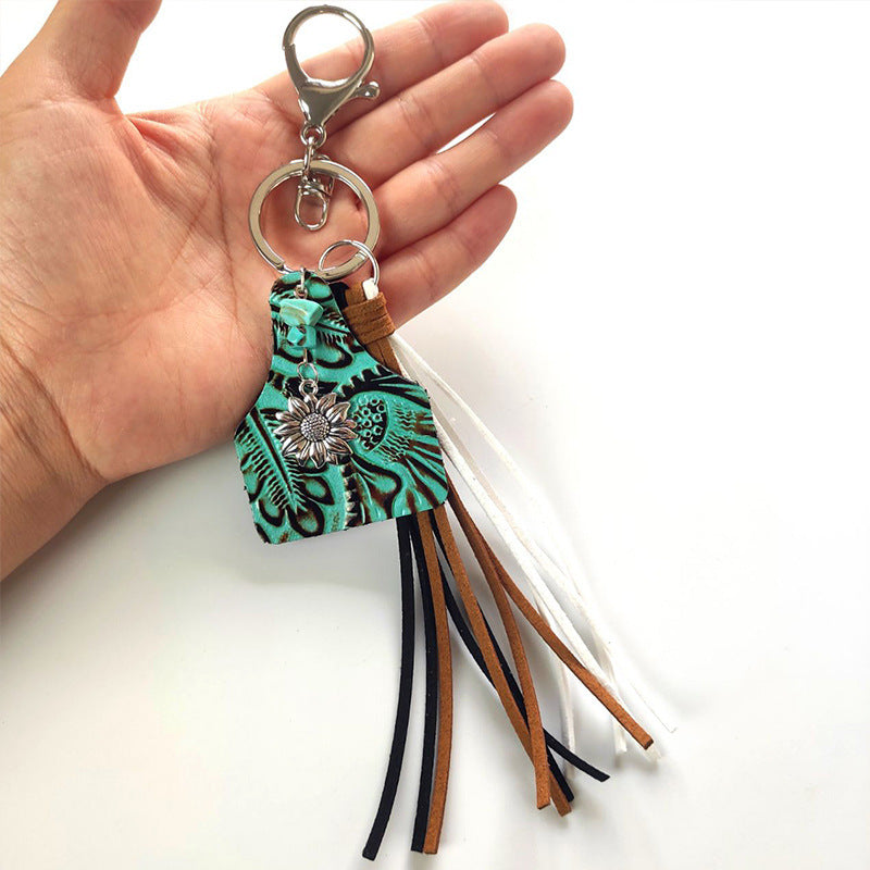 Womens Leather Keychain Turquoise Sunflower Charm Geometric Cow Design Tassel Electroplated Keyring Sweet Charm