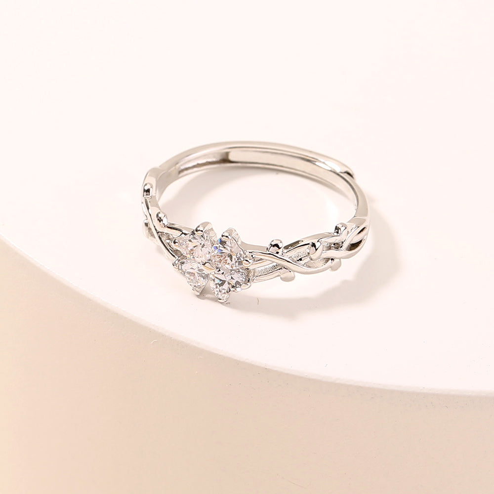 Adjustable Zircon Ring Hollow Copper Pattern Women Fashion Jewelry Elegant Electroplated Durable Statement Ring