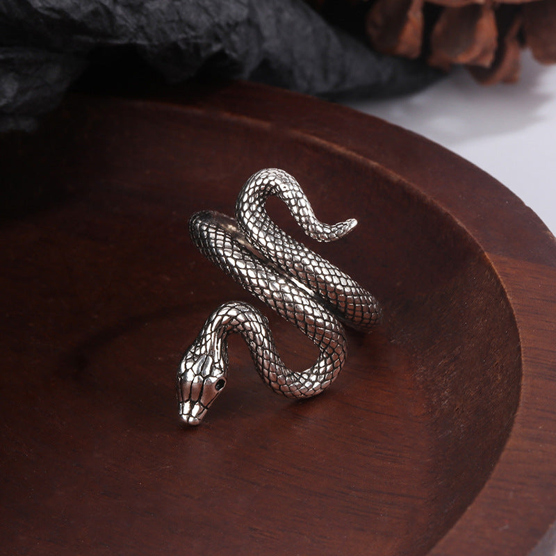 Unisex Copper Snake Ring Adjustable Multi Layer Winding Design Retro Silver Finish Distressed Look Statement Fashion