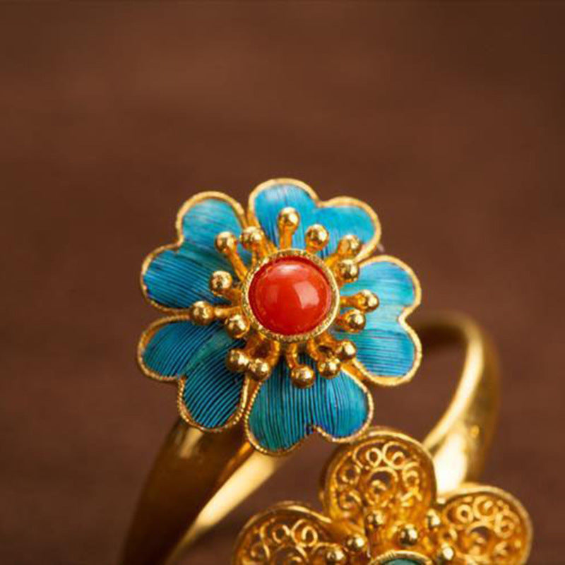 Womens Natural Red Agate Ring with Double Flower Hetian Jade Vintage Court Design Adjustable Opening Fashion Ring National Style Jewelry Gift for Her