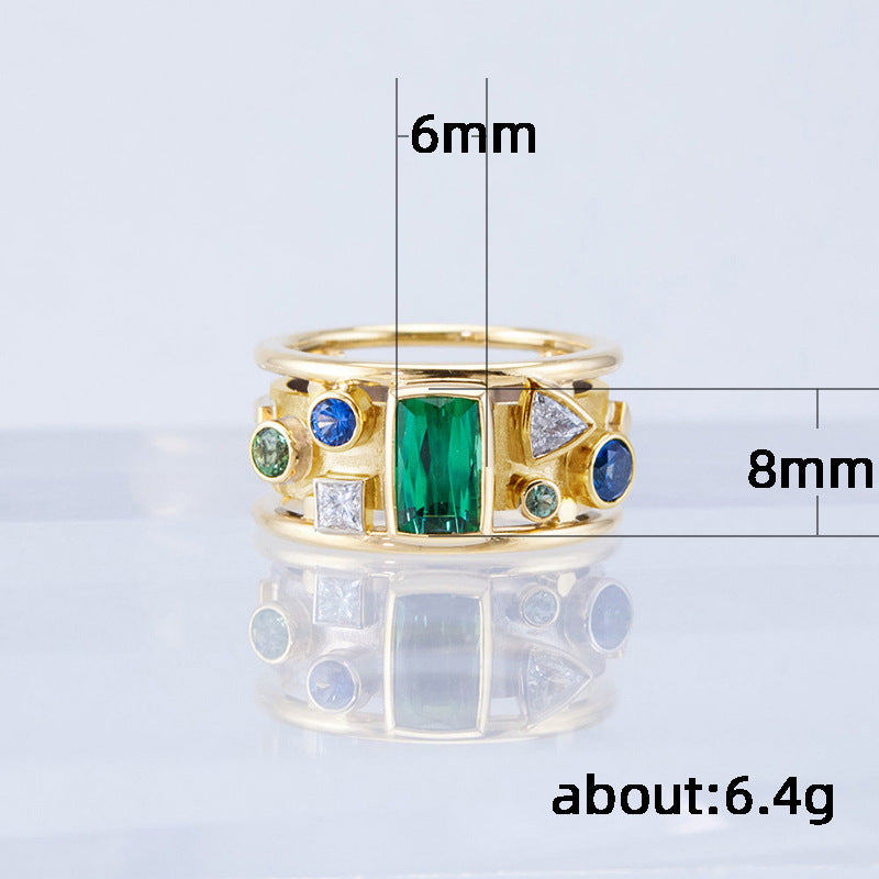 Womens Gold Inlaid Green Zircon Ring Geometry Design Copper Ring Inlaid Jewelry Gift Holiday Style For Women Gift