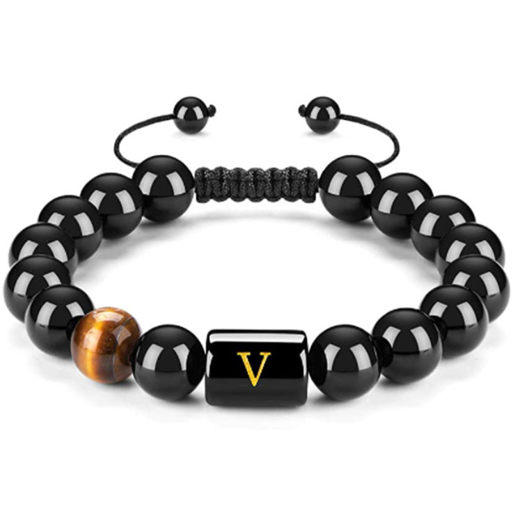 Mens Natural Black Agate 10mm Beads Handmade Initial Letter Bracelet Personalized Gift for Men Letter A Shape Letter