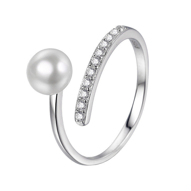 Womens 925 Silver Ring Adjustable White Gold Plated Inlaid Ornaments Pearl Zircon Round Pearl Design Ring Gold