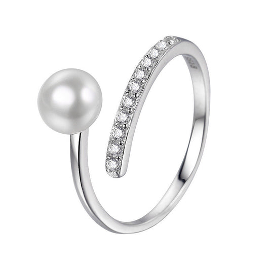 Womens 925 Silver Ring Adjustable White Gold Plated Inlaid Ornaments Pearl Zircon Round Pearl Design Ring Gold