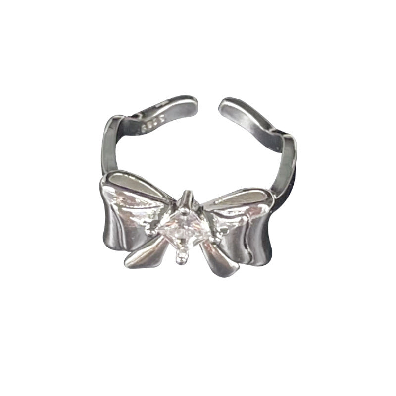 Girls Bow Ring 925 Sterling Silver Zircon Inlaid Adjustable Open Ring Gift For Birthday Everyday Jewelry For Girls
