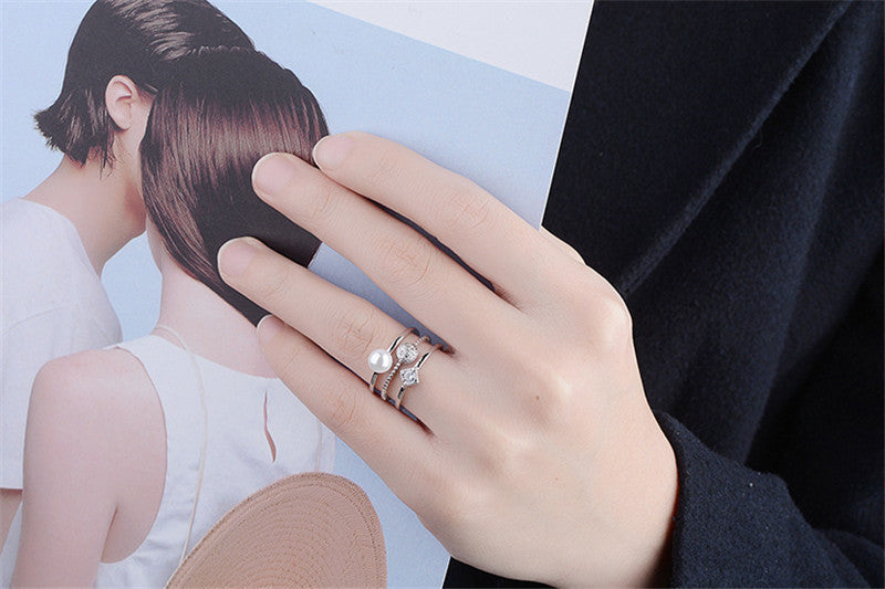 Women Double Geometric Pearl Ring Copper Korean Style Jewelry Elegant Statement Ring for Wear and Special Occasions