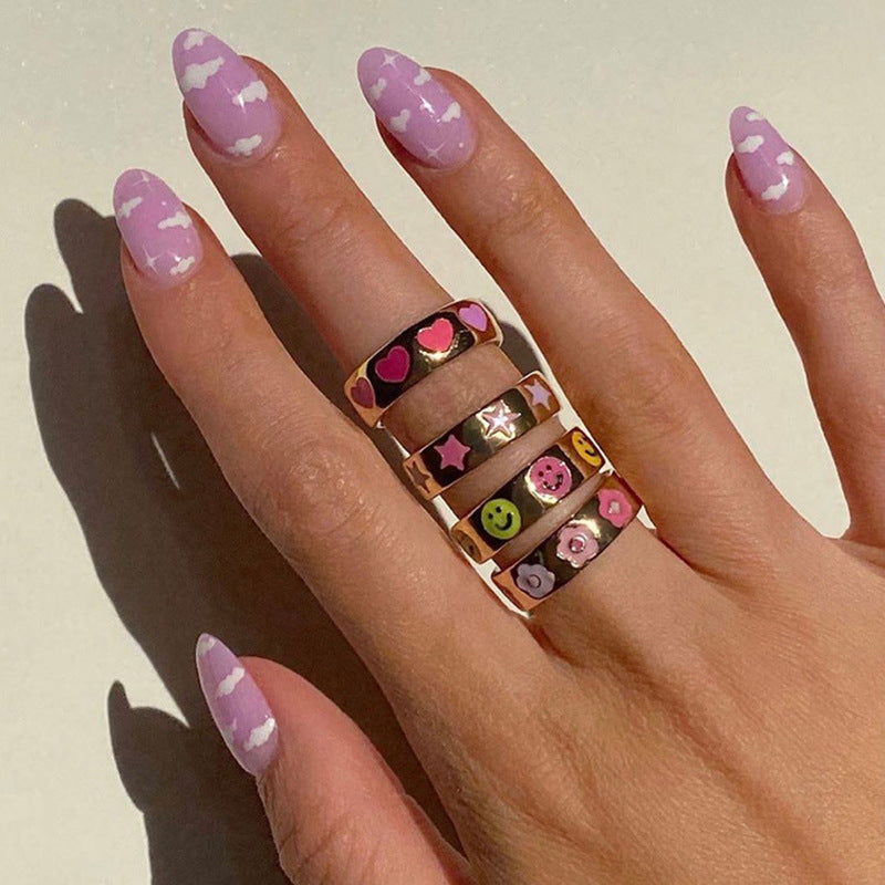 Smiley Face Flower Ring Electroplated Korean Retro Design