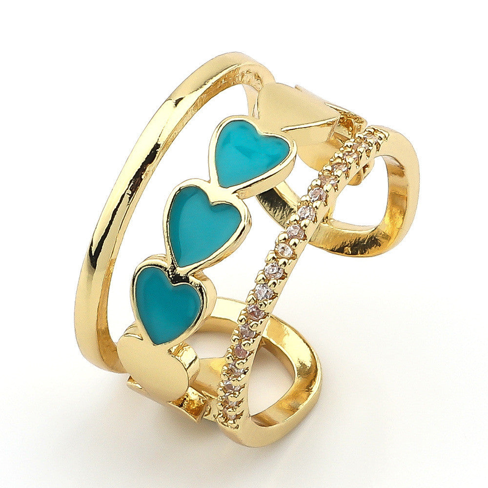 Heart Shaped Zircon Inlaid Copper Ring With Dripping Oil Design Elegant Fashion Jewelry Gift For Her Durable Quality
