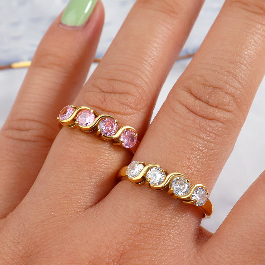 Unisex Stainless Steel Ring With Pink Diamond Geometric Ring And Diamond Geometric Ring Single Row Zircon Ring