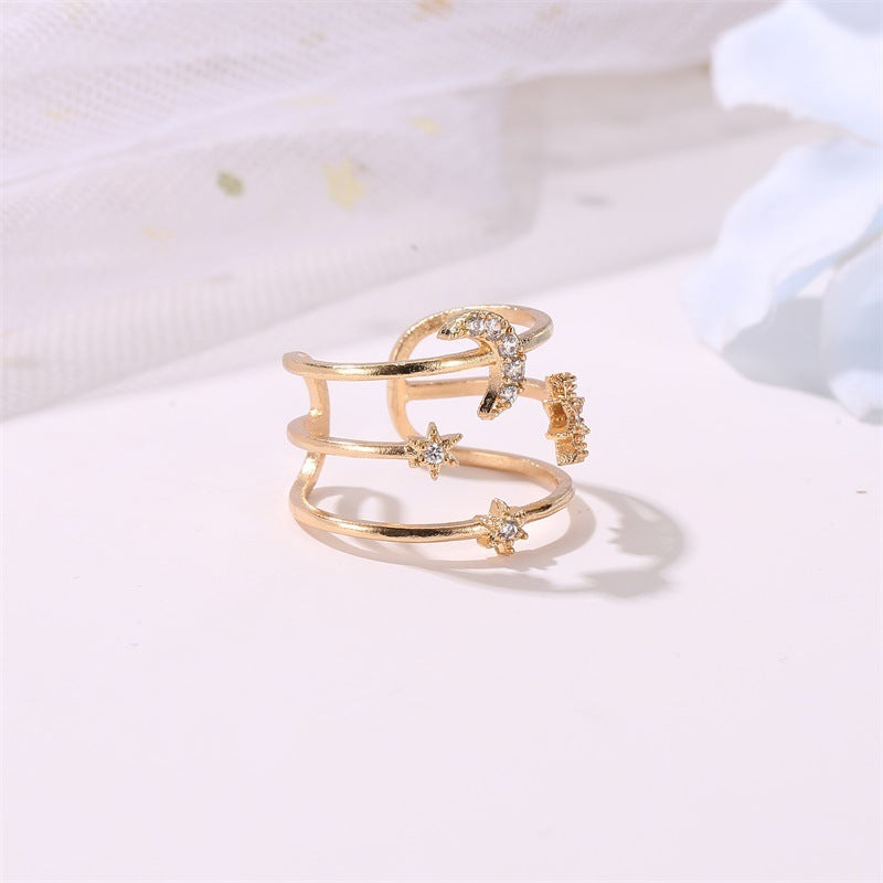 Hollow Star And Moon Ring Triple Layer European Copper Ring Electroplated Festival Jewelry Individually Packed