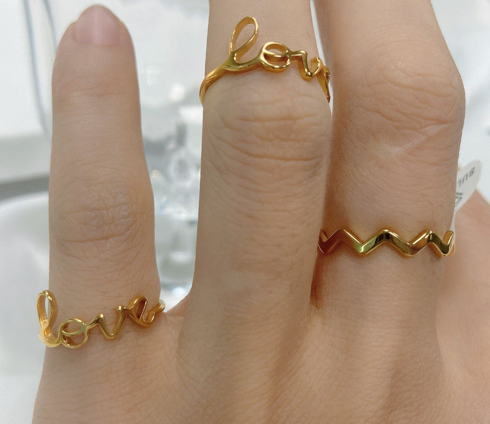 Womens Fashion Ring Simple Letter Design Titanium Steel Ring Gold Tone Love Ring Jewelry Style Daily Accessory