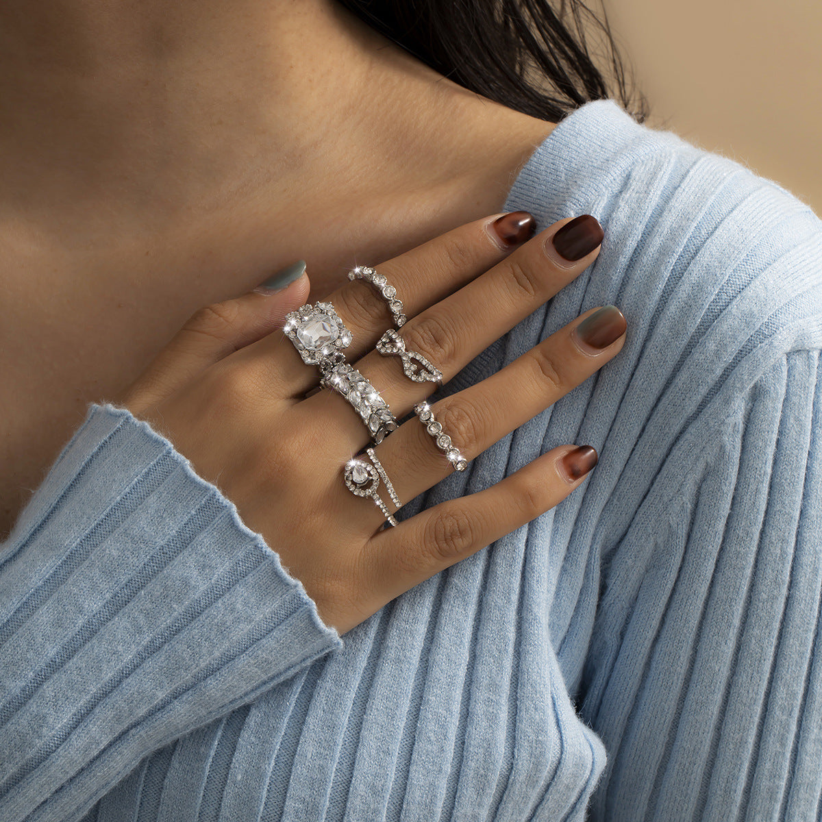 Geometric Water Drop Ring Set Six Piece Alloy Dainty Stackable Fashion Jewelry For Everyday Wear Everyday Luxe
