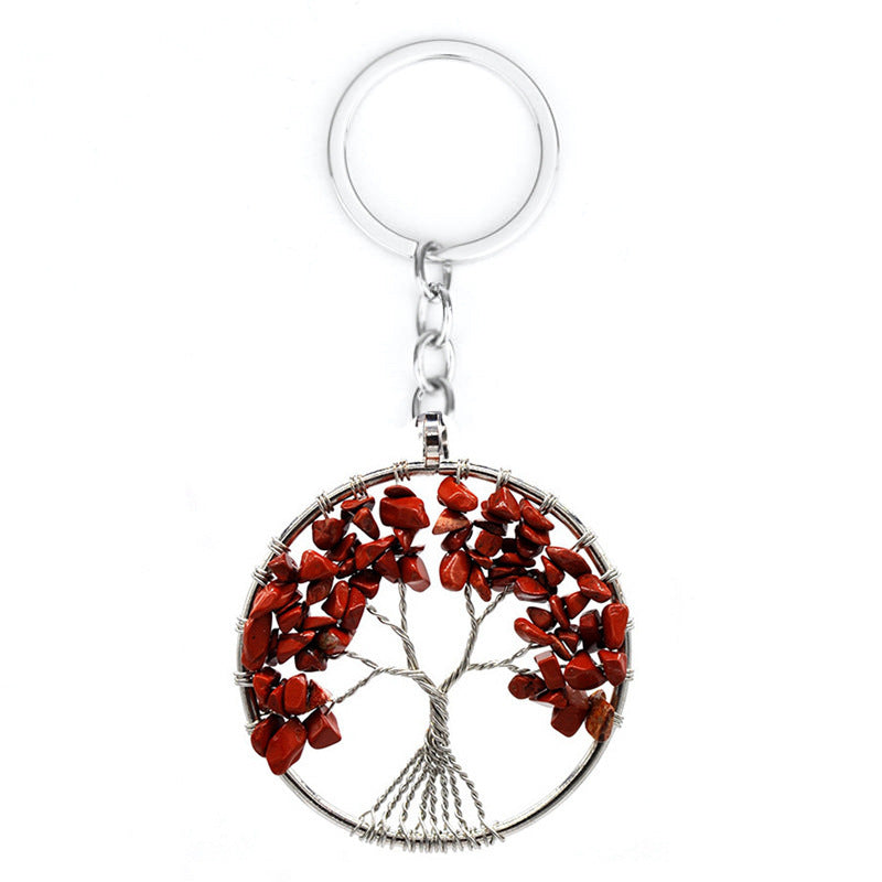 Tree Of Life Keychain Natural Crystal Copper Wire Pendant With Leather Rope For Keys Car Charm White 5cm 7 Colors