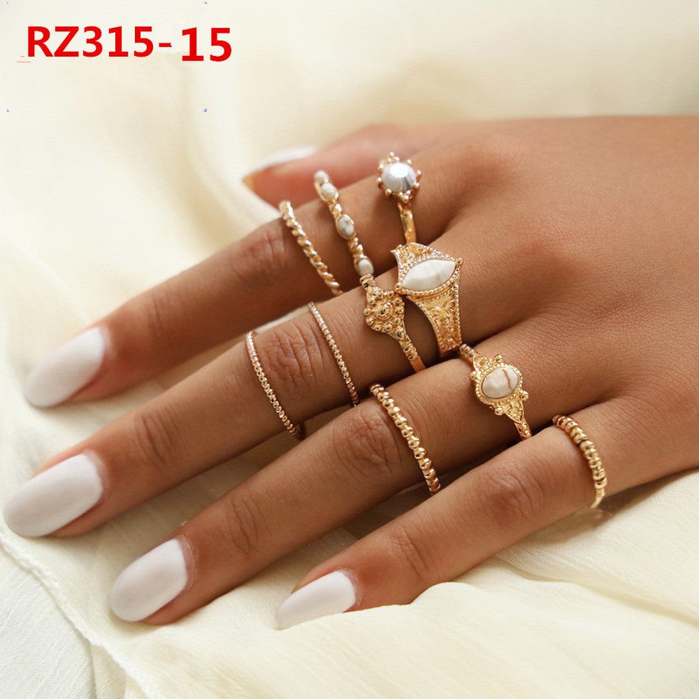 Womens Bohemian Ring Set Geometric Inlaid Gemstones Alloy Electroplated European Style Rings Jewelry Set Gifts