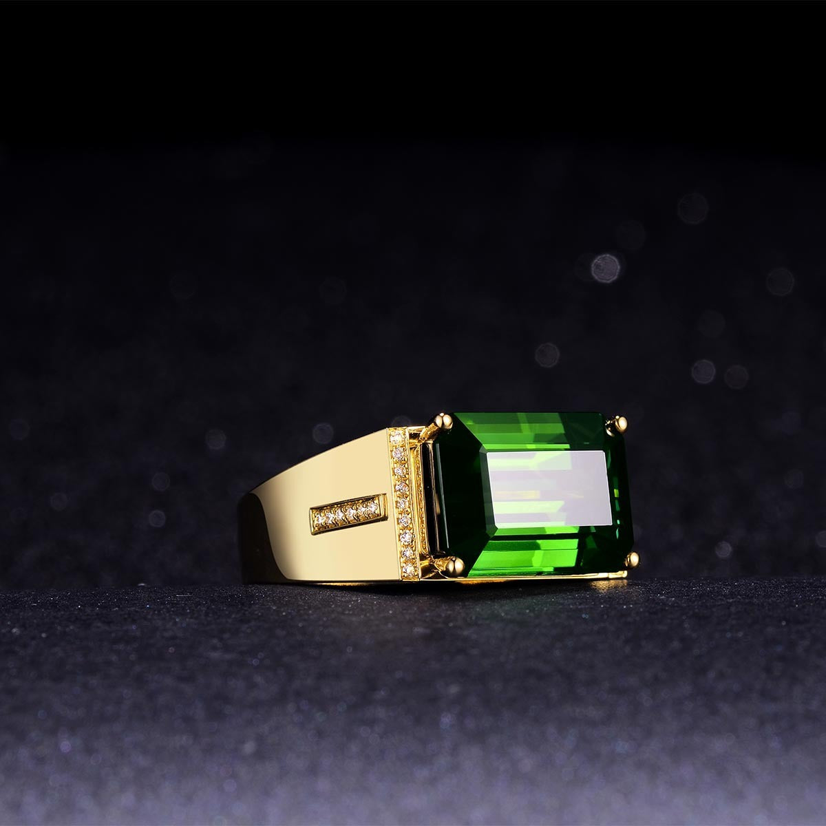 Yellow Gold Inlaid Emerald Baguette Mens Ring Copper Inlay Gold Plated Semi Precious Stones Adjustable Size XL