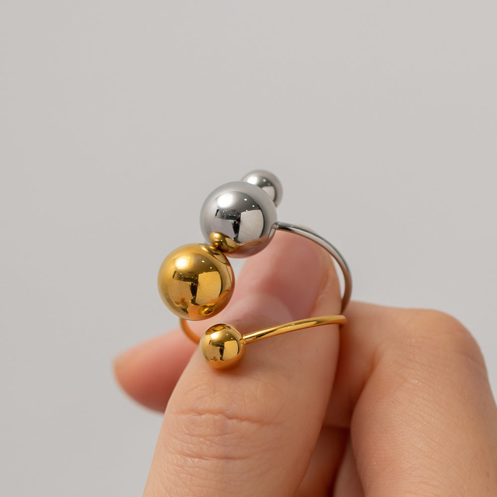 Open Mouth Geometric Titanium Steel Ring With Double Ball And Split Three Ball Design For Fashion Jewelry Chic