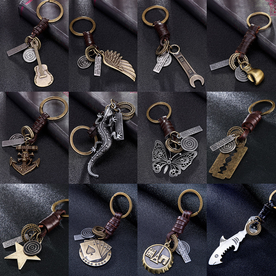 Unisex Cowhide Leather Keychain Retro Rock Angel Wings Alloy Key Ring Accessory for Keys Bags Vintage Style Accessory